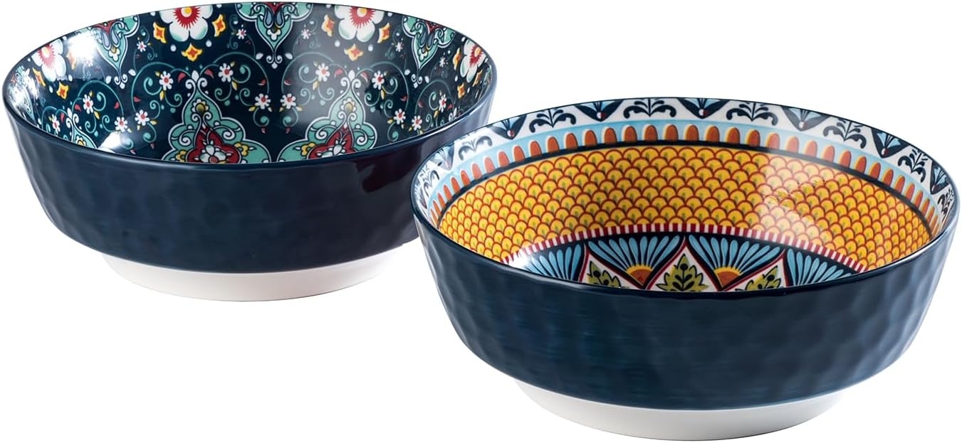 HENXFEN LEAD Set of 2 Porcelain Salad Bowls, 1440 ml Serving Bowls, Large Bowls for Pasta, Salad, Soup, Oatmeal etc. Colourful - Bohemian Style