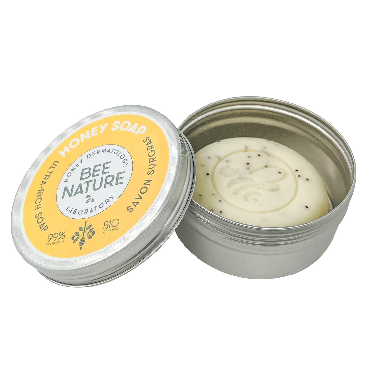 Bee Nature - Soap with Dish - Organic Honey - Exoliating - Face and Body - Ingrown Hair - Psoriasis - Natural with Poppy Seeds - Outdoor Soap - Yuka 100/100 - 100 g
