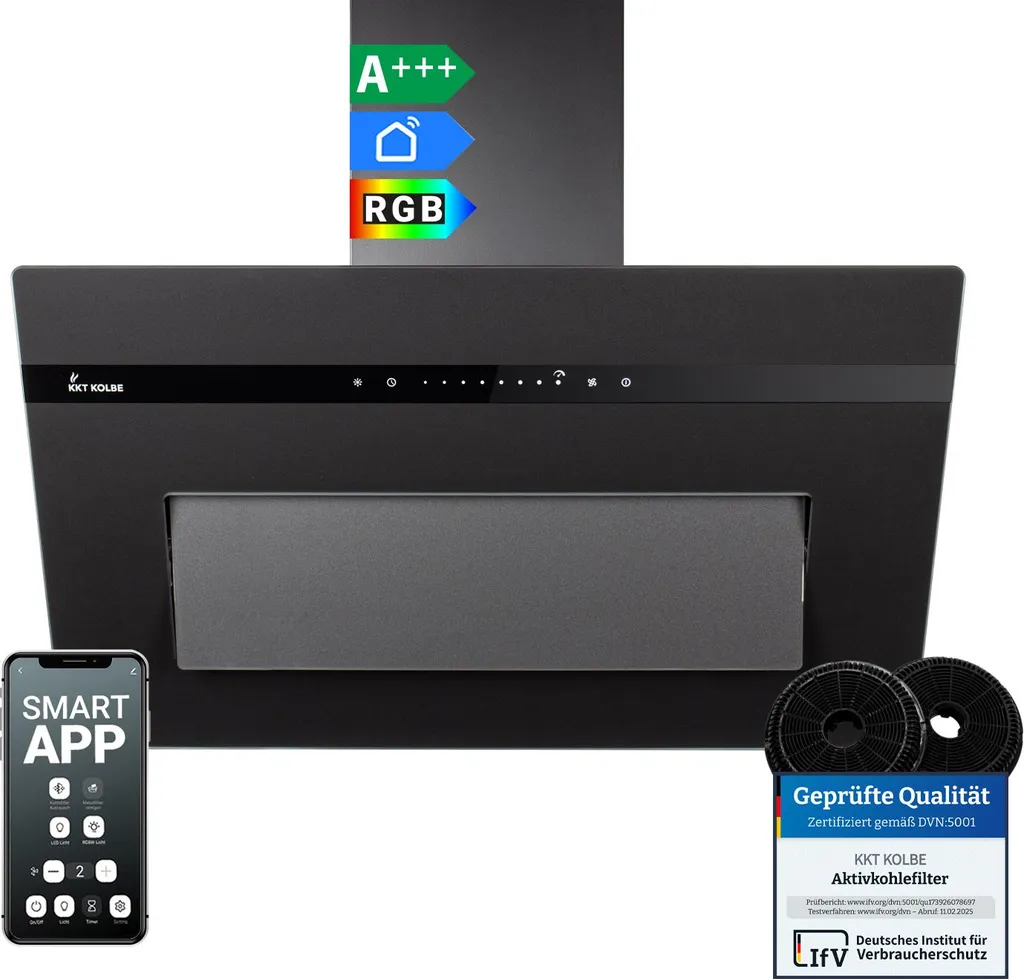 KKT KOLBE Küchentechnik KKT KOLBE A+++ Cooker Hood 80 cm 782 m³/h Recirculating Extraction Ducted Wall-Mounted Hood | Matte Black Glass | Automatic Run-On Timer | Smart WiFi App | SensorTouch | RGBW LED Lighting | PLOOM8005S