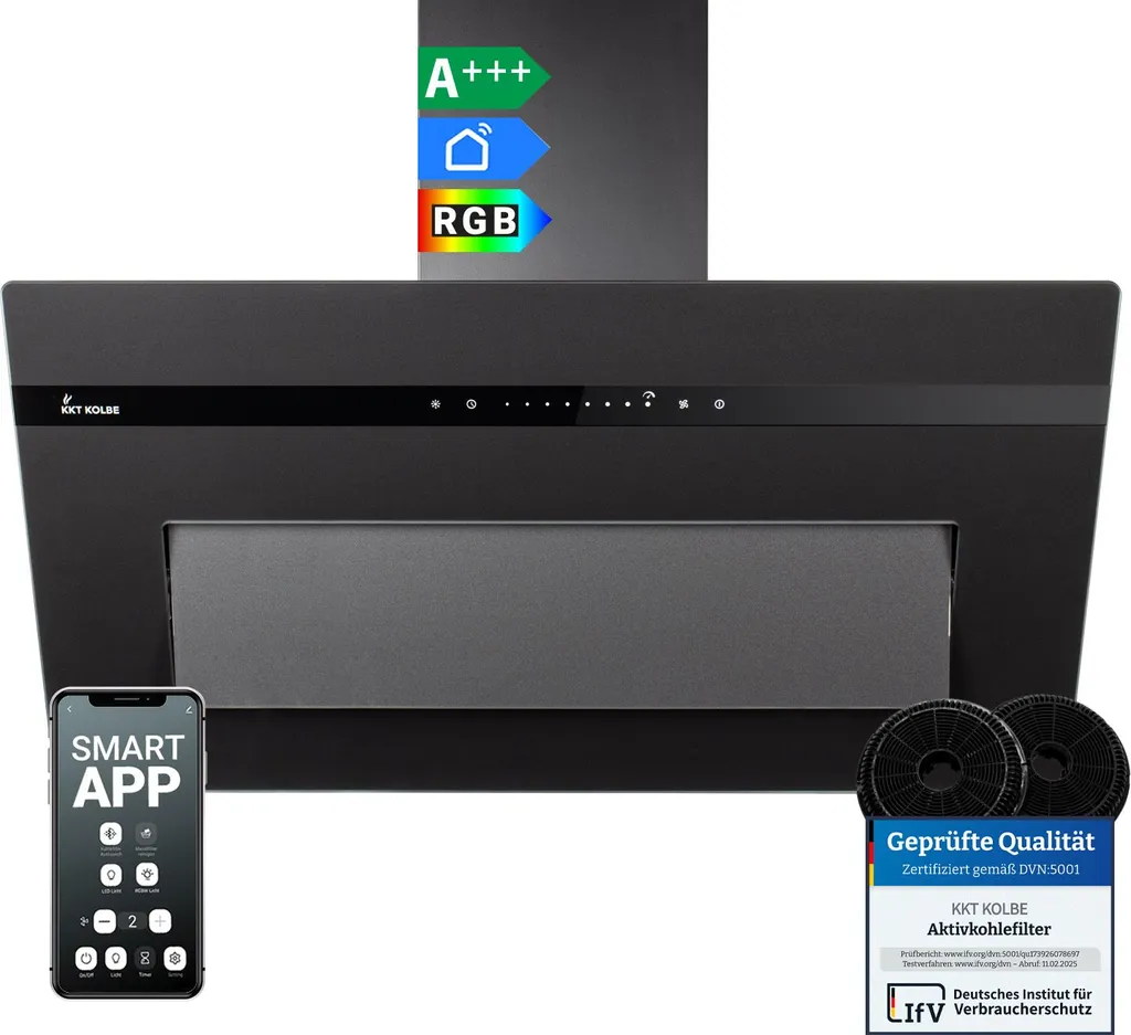 KKT KOLBE Küchentechnik KKT KOLBE A+++ Cooker Hood 90 cm 782 m³/h Recirculating Extraction Ducted Wall-Mounted Hood | Matte Black Glass | Automatic Run-On Timer | Smart WiFi App | SensorTouch | RGBW LED Lighting | PLOOM9005S