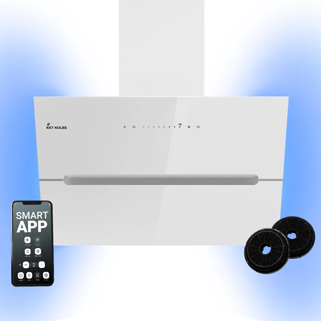 KKT KOLBE Küchentechnik KKT KOLBE 60 cm 782 m³/h Recirculating/Exhaust Air Extractor Hood, Head-Free, Wall-Mounted, White Glass, Smart WiFi App, WLAN RGBW LED Lighting, ECCO6005WM