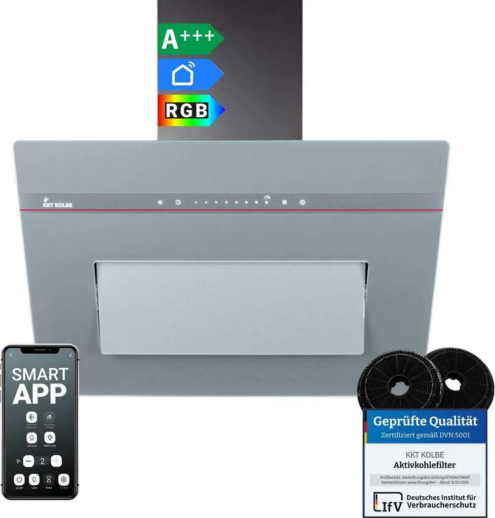 KKT KOLBE Küchentechnik KKT KOLBE 60cm Recirculating/Exhaust Air Extractor Hood, Wall-Mounted | Matte Grey Glass | Smart WiFi App | RGBW LED Lighting | PLOOM6005G