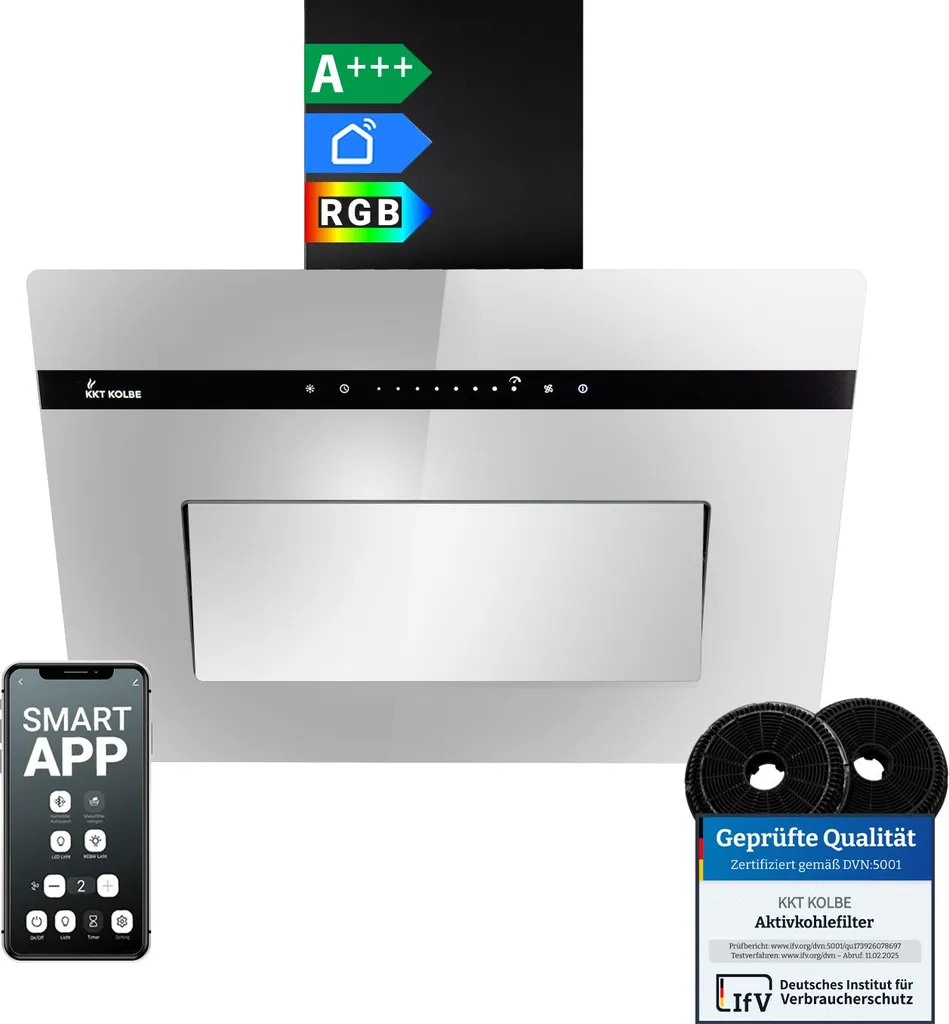 KKT KOLBE Küchentechnik KKT KOLBE 60cm Recirculating/Exhaust Air Extractor Hood, Head-Free, Wall-Mounted, Black Glass Mirror | Smart WiFi App, WLAN Touch | RGBW LED Lighting | PLOOM6005M