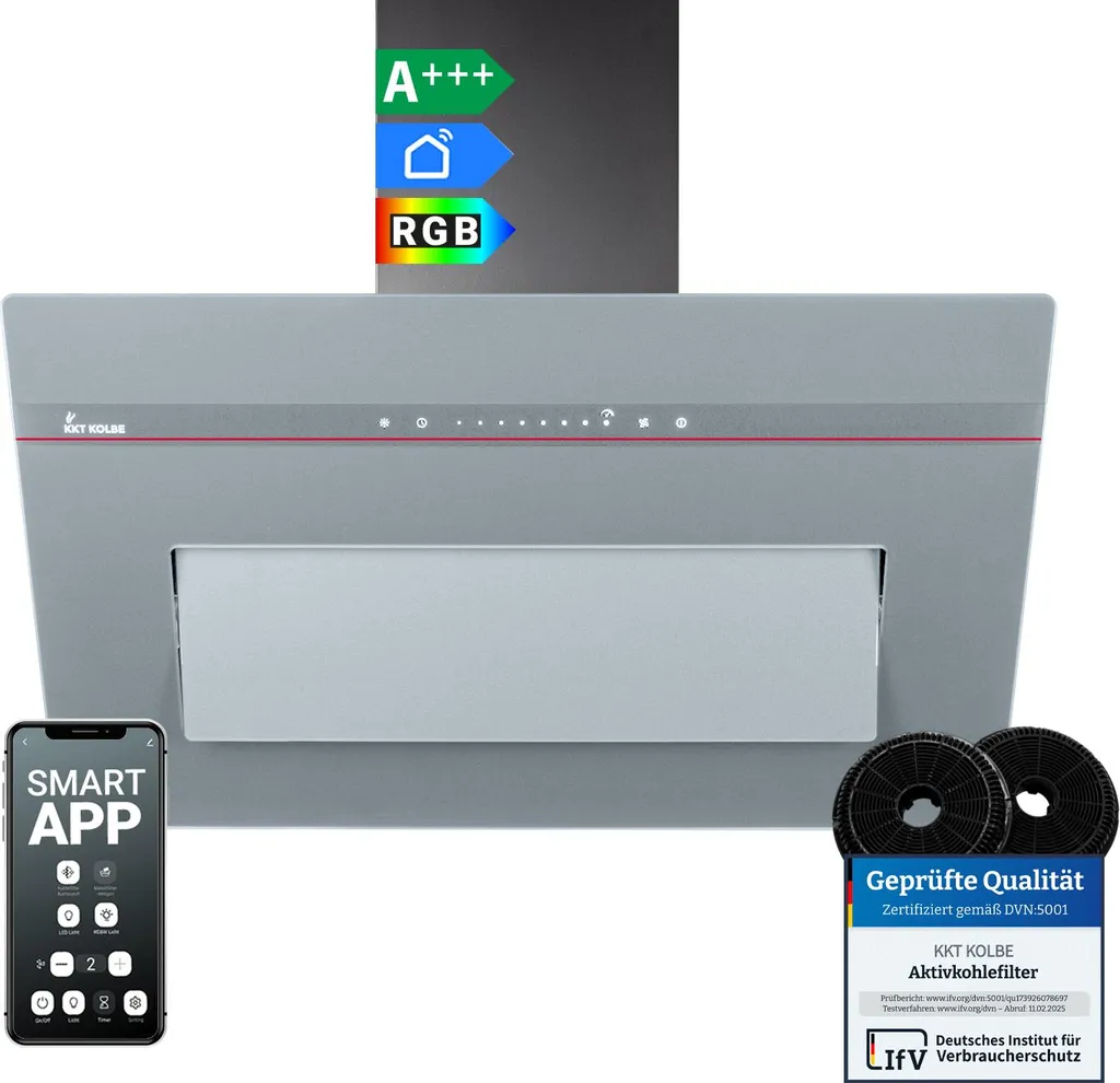 KKT KOLBE Küchentechnik KKT KOLBE 80cm Recirculating/Exhaust Air Extractor Hood, Wall-Mounted | Matte Grey Glass | Smart WiFi App | RGBW LED Lighting | PLOOM8005G
