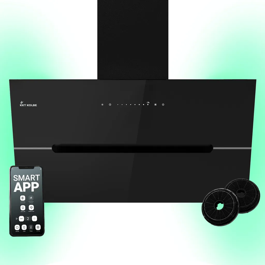 KKT KOLBE Küchentechnik KKT KOLBE 90cm 782m³/h Recirculating/Exhaust Air Extractor Hood, Head-Free, Wall-Mounted, Black Glass, Smart WiFi App, RGBW LED Lighting, ECCO9005SM