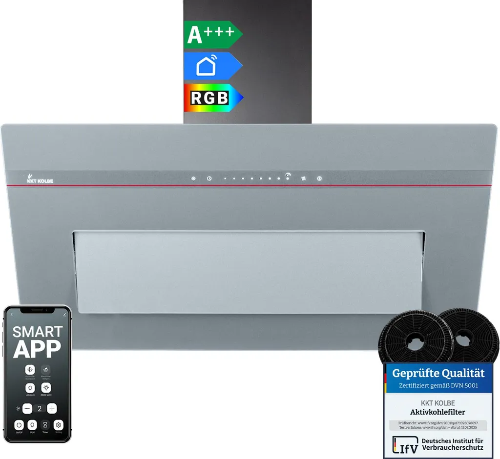 KKT KOLBE Küchentechnik KKT KOLBE 90cm Recirculating/Exhaust Air Extractor Hood, Wall-Mounted | Matte Grey Glass | Smart WiFi App | RGBW LED Lighting | PLOOM9005G