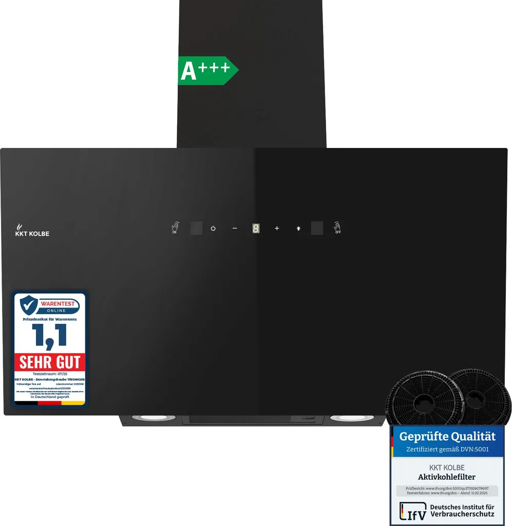 KKT KOLBE Küchentechnik KKT KOLBE 90cm Cooker Hood | Recirculating/Exhaust Air | 782 m³/h | Wall-Mounted, Head-Free | Black | Glass | Gesture Control | SensorTouch Operation | LED Lighting TRIO9025S