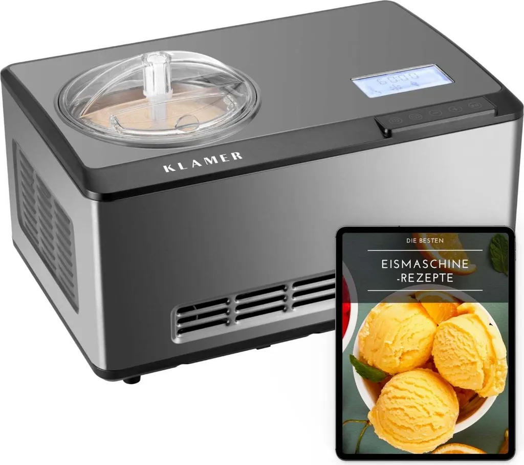 KLAMER 2-in-1 Ice Cream Maker & Yogurt Maker 2 L, 180 W Stainless Steel Ice Cream Machine with Cooling and Heating Function, Homemade Ice Cream with Self-Cooling Compressor