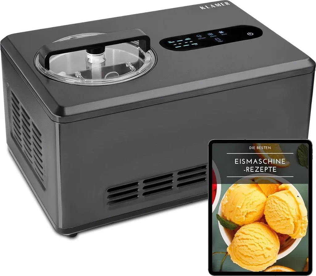 KLAMER 2-in-1 Ice Cream Maker & Yogurt Maker 2 L, 220 W Stainless Steel Ice Cream Machine with Cooling and Heating Function, Homemade Ice Cream with Self-Cooling Compressor, incl. Consistency Control