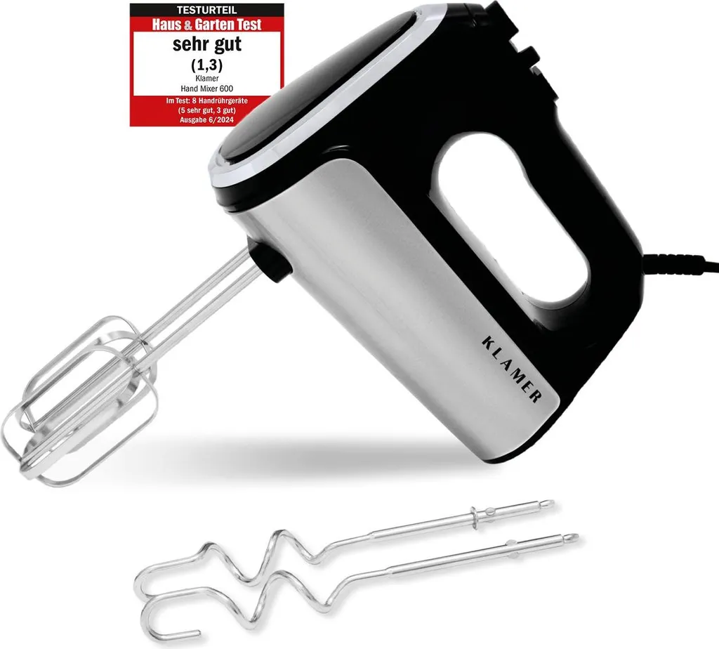 KLAMER Hand Mixer, 600 Watt Hand Mixer with Turbo Function, 5 Speeds Hand Mixer with Stainless Steel Whisk and Dough Hooks