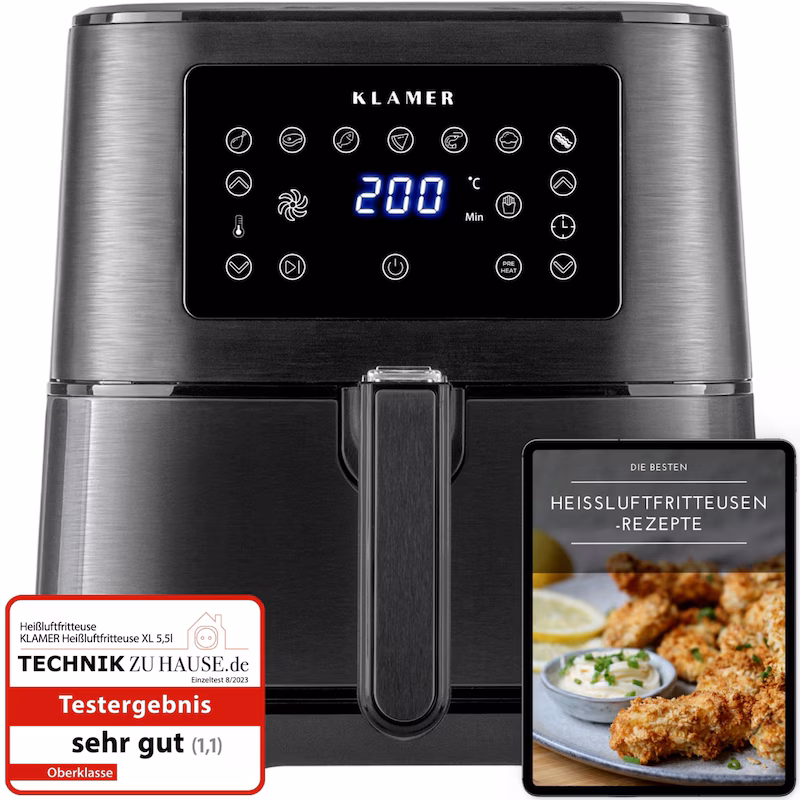 KLAMER XL 5.5L Hot Air Fryer, Multifunctional Hot Air Fryer, Oil-Free Fryer, 1700W Airfryer