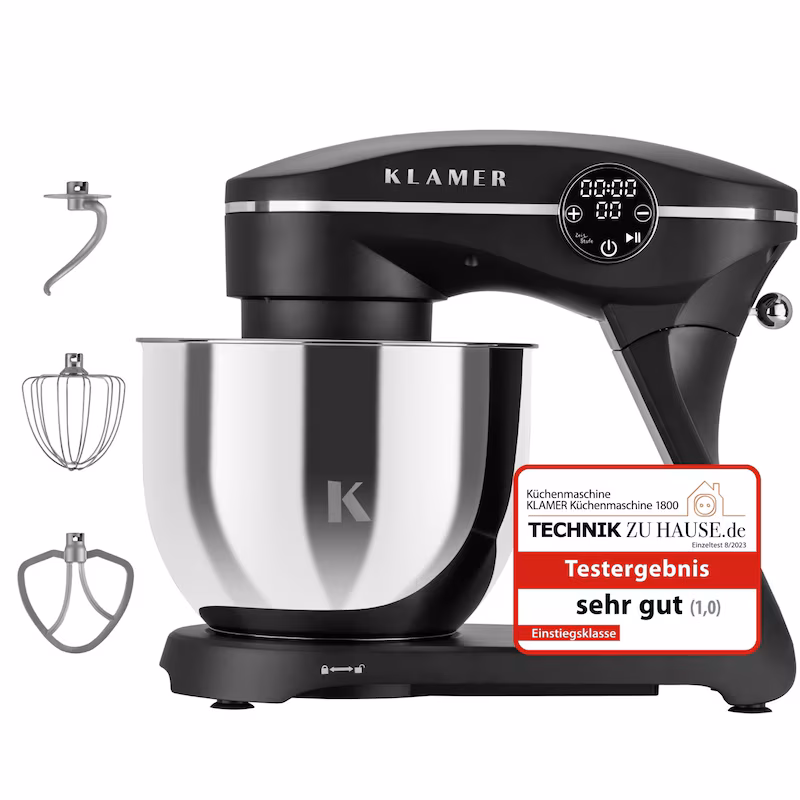 KLAMER Kitchen Machine 1800W, Kneading Machine with 6 Liter Stainless Steel Bowl, 10 Speed ​​Settings with Timer, Beater, Dough Hook, Whisk and …