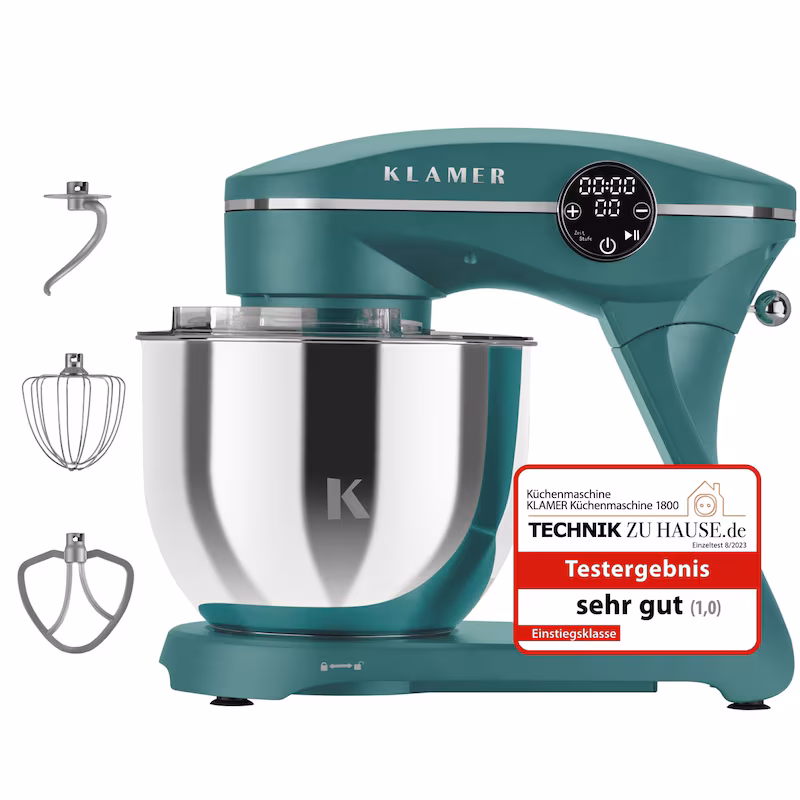 KLAMER Kitchen Machine 1800W, Kneading Machine with 6 Liter Stainless Steel Bowl, 10 Speed ​​Settings with Timer, Beater, Dough Hook, Whisk and …