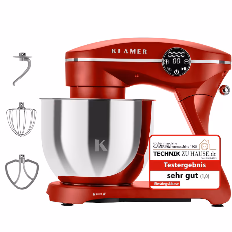 KLAMER Kitchen Machine 1800W, Kneading Machine with 6 Liter Stainless Steel Bowl, 10 Speed ​​Settings with Timer, Beater, Dough Hook, Whisk and …