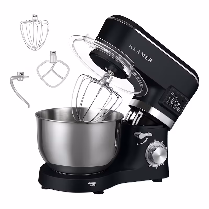 KLAMER Classic Kitchen Machine 1400 W – 5.5 L stainless steel mixing bowl, kneading, stirring & whisking attachments, timer & LED display, stable suction feet…