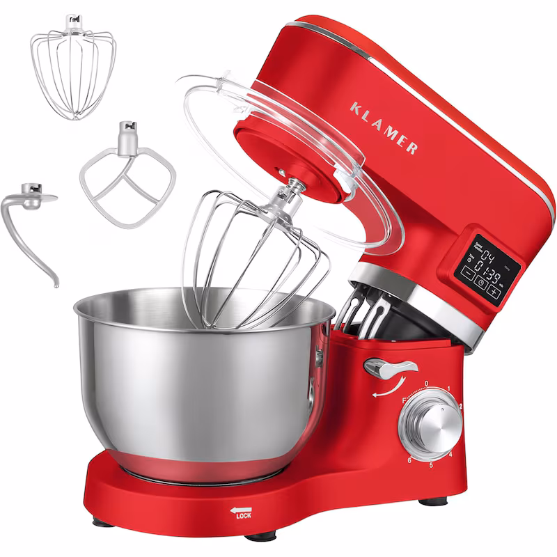KLAMER Classic Kitchen Machine 1400 W – 5.5 L stainless steel mixing bowl, kneading, stirring & whisking attachments, timer & LED display, stable suction feet…