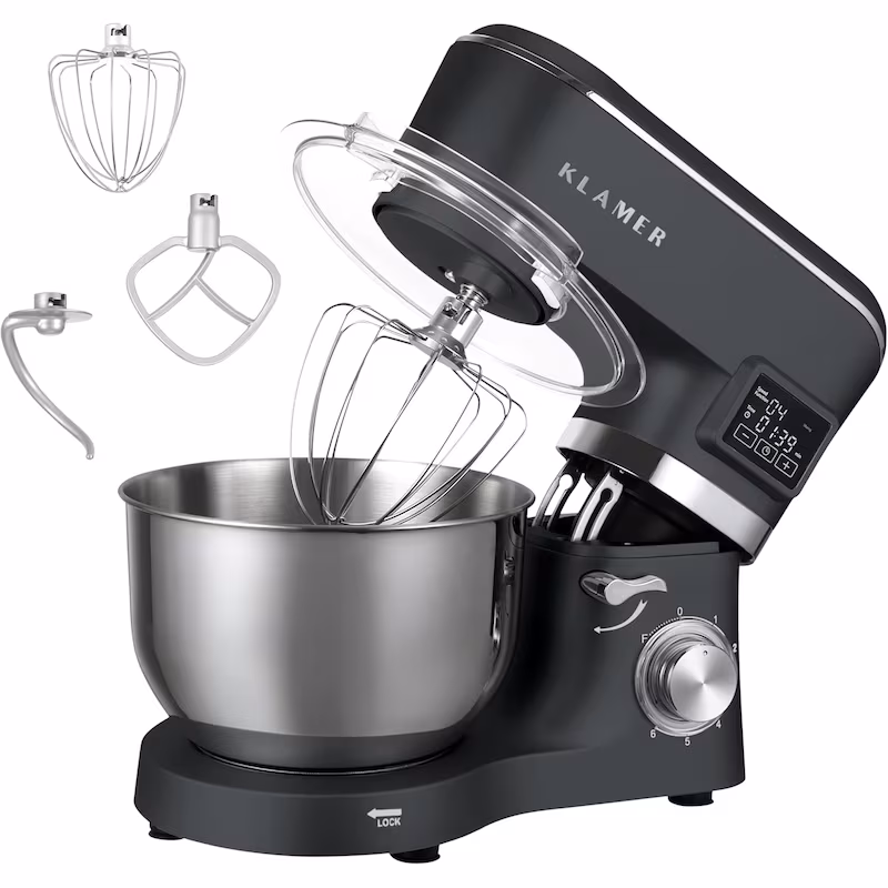 KLAMER Classic Kitchen Machine 1400 W – 5.5 L stainless steel mixing bowl, kneading, stirring & whisking attachments, timer & LED display, stable suction feet…