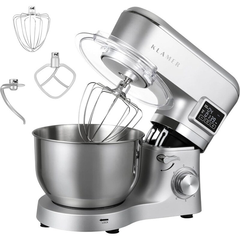 KLAMER Classic Kitchen Machine 1400 W – 5.5 L stainless steel mixing bowl, kneading, stirring & whisking attachments, timer & LED display, stable suction feet…