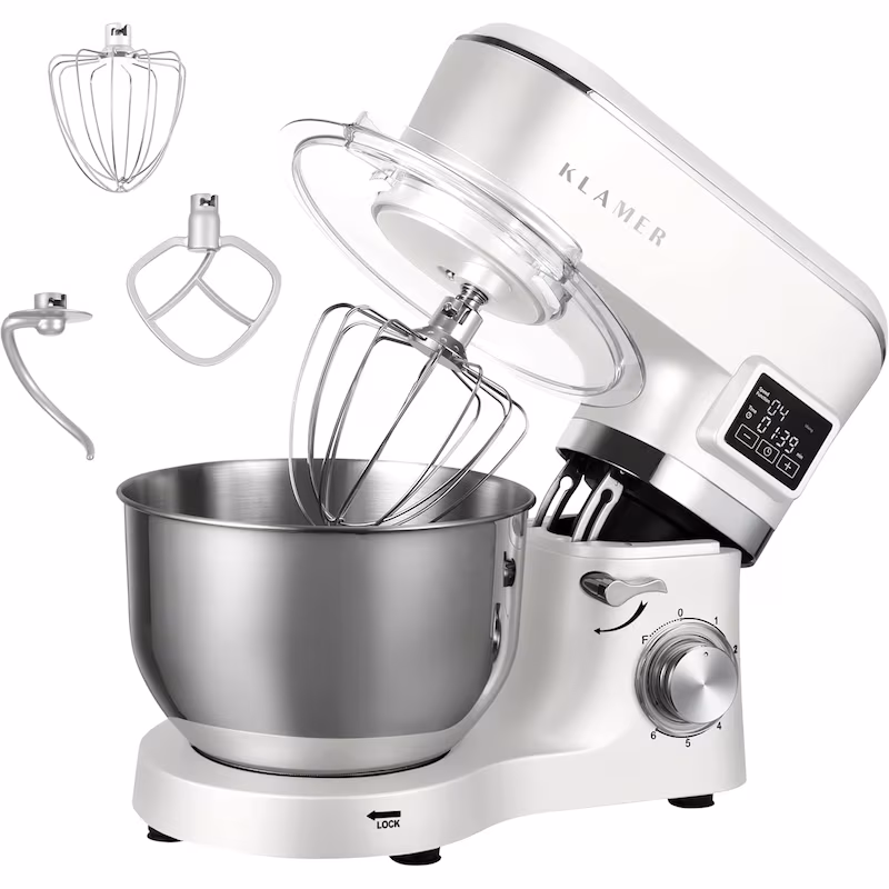 KLAMER Classic Kitchen Machine 1400 W – 5.5 L stainless steel mixing bowl, kneading, stirring & whisking attachments, timer & LED display, stable suction feet…