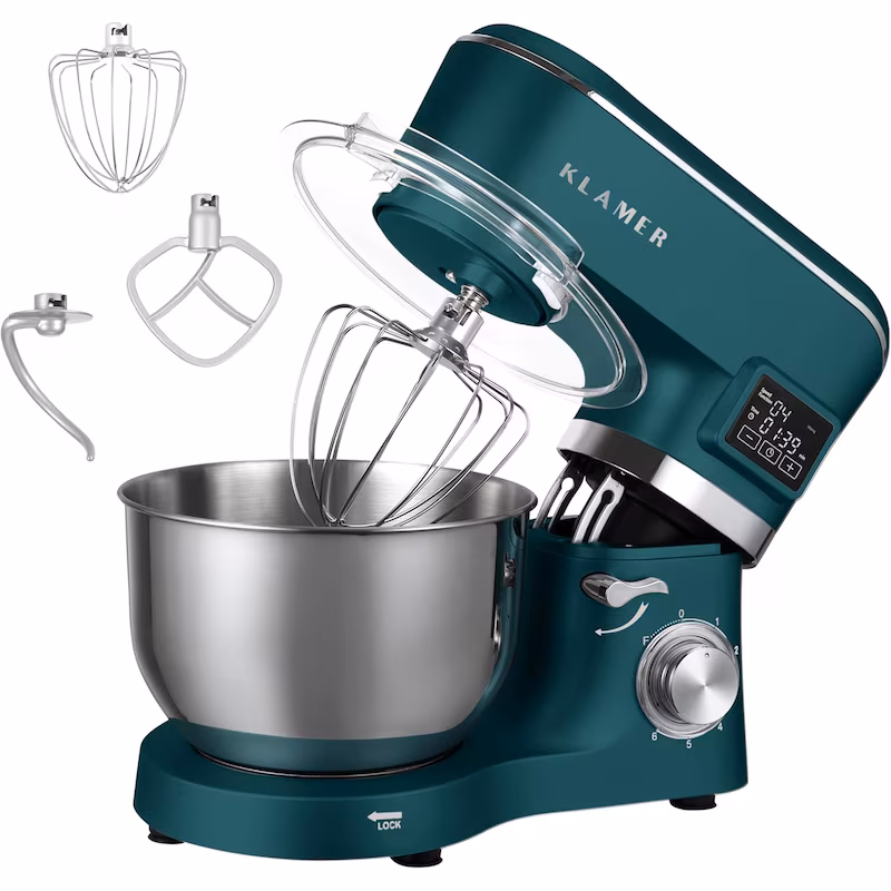 KLAMER Classic Kitchen Machine 1400 W – 5.5 L stainless steel mixing bowl, kneading, stirring & whisking attachments, timer & LED display, stable suction feet…