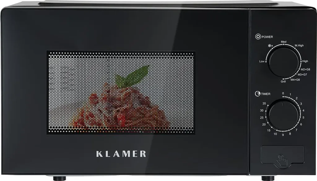 KLAMER Microwave Oven 20 Liters, 700 Watts, 9 Power Levels including Grill and Defrost Function, 35-Minute Timer, incl. Turntable & Grill Rack, Energy Efficient, Black