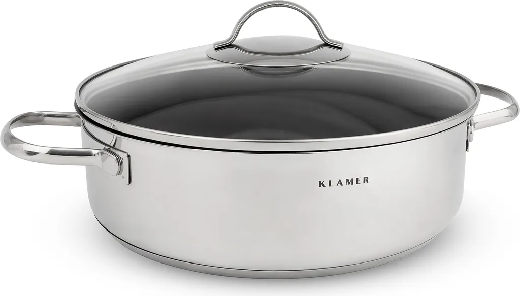 KLAMER Serving pan with lid, 28cm, induction compatible, non-stick stainless steel, oven-safe casserole dish, casserole dish with high sides, premium coating