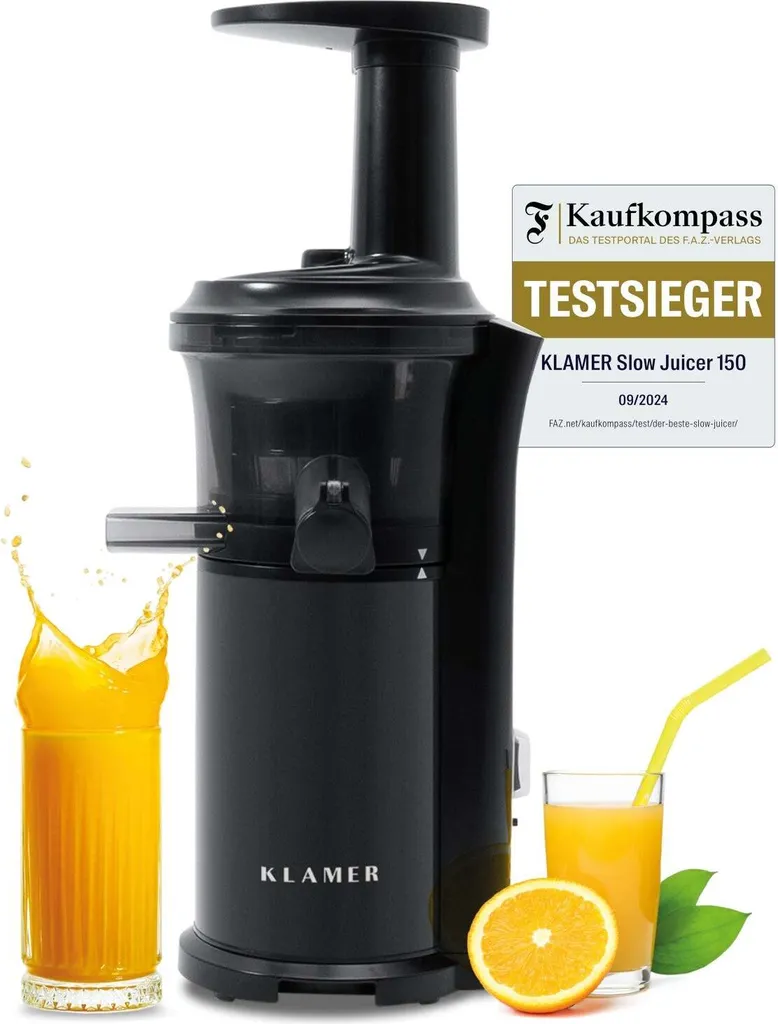 KLAMER Slow Juicer for Vegetables and Fruits, Juicer with Reverse Gear, Electric Fruit Press with Brush and 2 Containers, Slim Design, Black