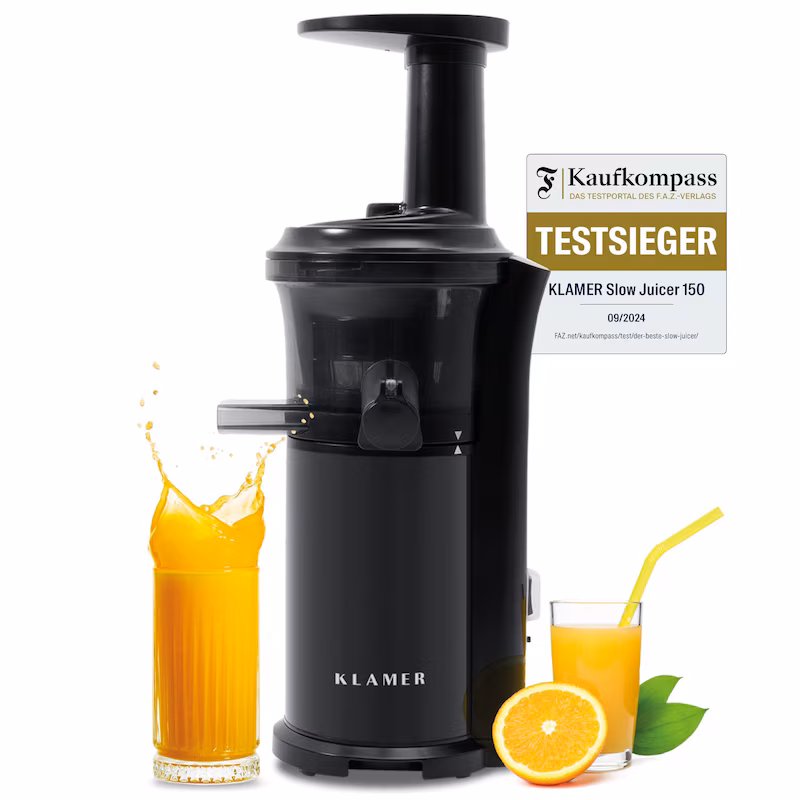 KLAMER Slow Juicer for Vegetables and Fruits, Juicer with Reverse Gear, Electric Fruit Press with Brush and 2 Containers, Slim Design, Black