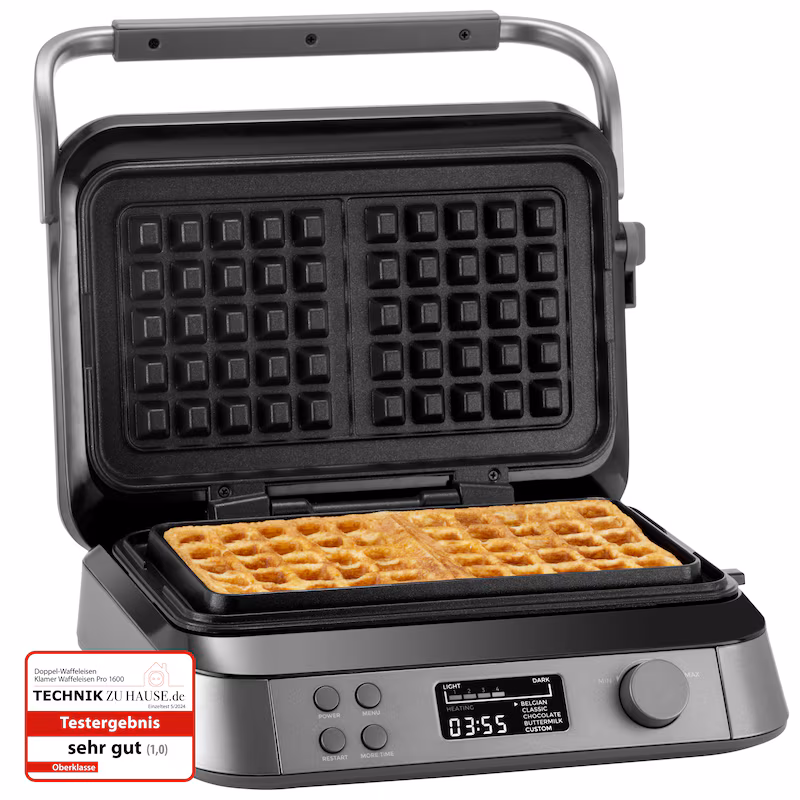 KLAMER Belgian waffle iron, double waffle iron with 7 settings and 5 programs, non-stick coated plates, 1600W, grey