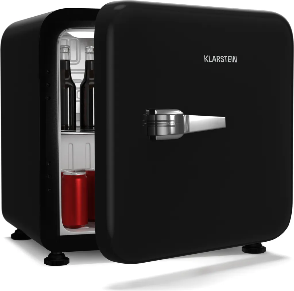 Klarstein Audrey Evo 43L Mini Fridge - Retro Design, Quiet 40 dB, Compressor, Adjustable Feet, Reversible Door, Small Refrigerator for Bedrooms and Offices, Black