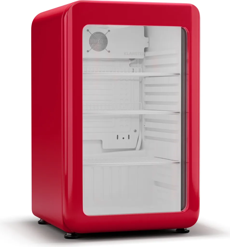 Klarstein Audrey Evo Beverage Refrigerator with Glass Door - 113 L, Retro Design, LED Lighting, Double-Glazed Door, 0-10 °C, Adjustable Feet, Red