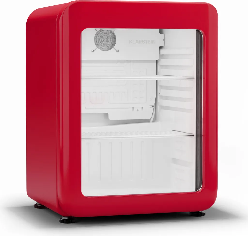 Klarstein Audrey Evo Beverage Refrigerator with Glass Door - 68L, Retro Design, LED Lighting, Double-Glazed Door, 0-10 °C, Adjustable Feet, Red