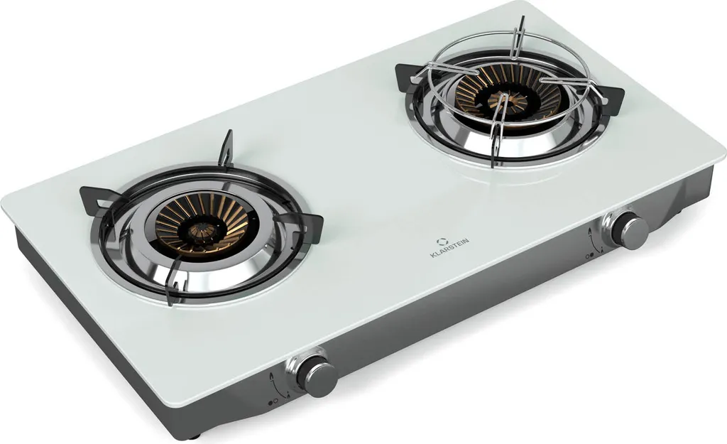 Klarstein Barzona Gas Cooktop, 2-Burner Stainless Steel & Glass, 7.7kW, Portable Camping Stove with Piezo Ignition & Flame Failure Protection, Compact and Portable Design, White