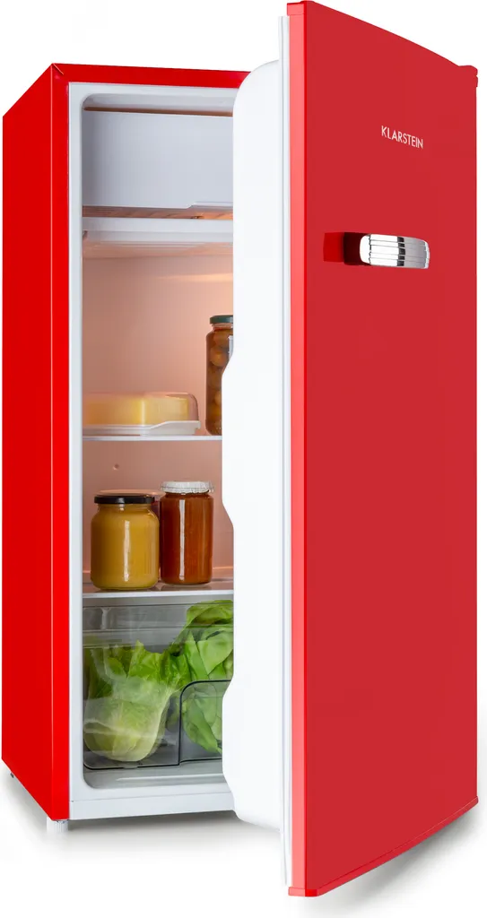 Klarstein Beercracker – 90-liter refrigerator, capacity: 90 l, freezer compartment, vegetable drawer, 3 door compartments, bottle opener on the appliance, 2 glass shelves, red