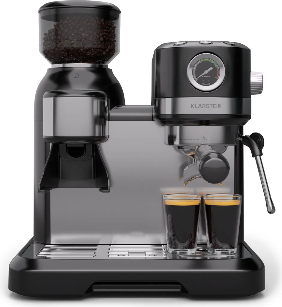 Klarstein Bella Café Espresso Machine with Grinder – 19 Bar, 1550 W, 1.4 L Water Tank, Integrated Conical Grinder, Milk Frother, 2 Cup Inserts, Thermo-Block, Black