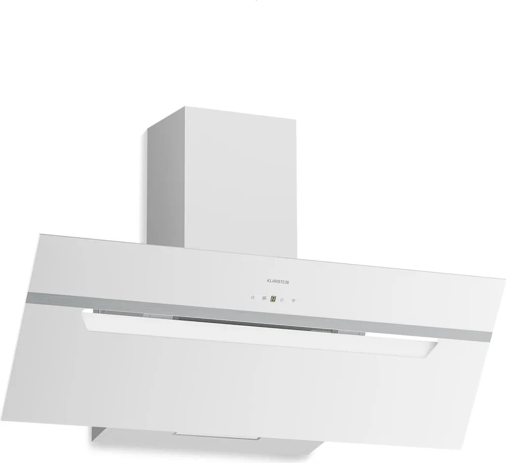 Klarstein BigBite 90cm Head-Free Cooker Hood – Extractor hood with touch controls, 417 m³/h boost, LED lighting, A+++, recirculating & ducted operation, glass design, quiet operation, extractor hood, white