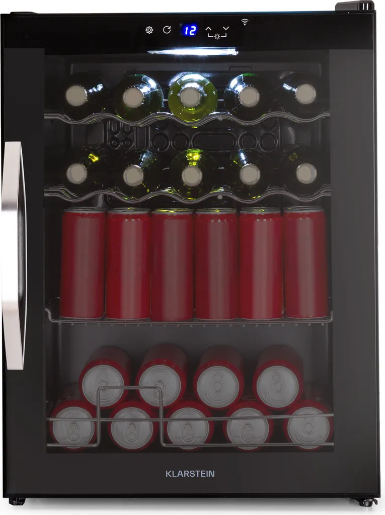 Klarstein Coachella 60 Beverage Cooler - 60 L Beverage Cooler with Wi-Fi, Glass Door, LED Lighting, 3-18 °C, 3 Metal Shelves, Balanced Light, E, Black