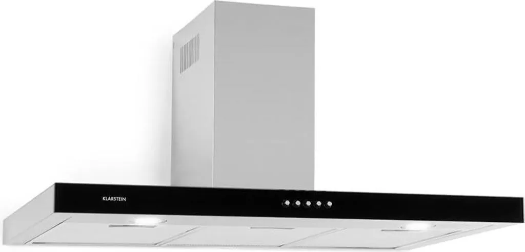 Klarstein Darya wall-mounted extractor hood, 90 cm, 310 m³/h extraction rate, 2 aluminum grease filters, 66 dB, stainless steel, recirculation mode possible, black acrylic glass front, silver