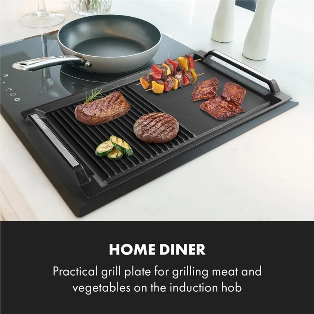 Klarstein Delicatessa - Grill Pan, Grill plate for induction hobs, accessories, hob: 43.5 x 23 cm, Half & Half: griddle and grill ribs, non-stick coating, iron, black