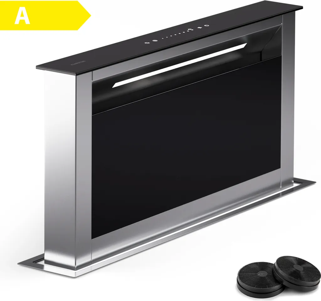 Klarstein Downdraft Cooker Hood 60cm, Retractable Extractor Hood for the Kitchen, Slim Recirculating Extractor Hood without Duct, 576m³/h Airflow, LED Lighting & Touch Control Panel