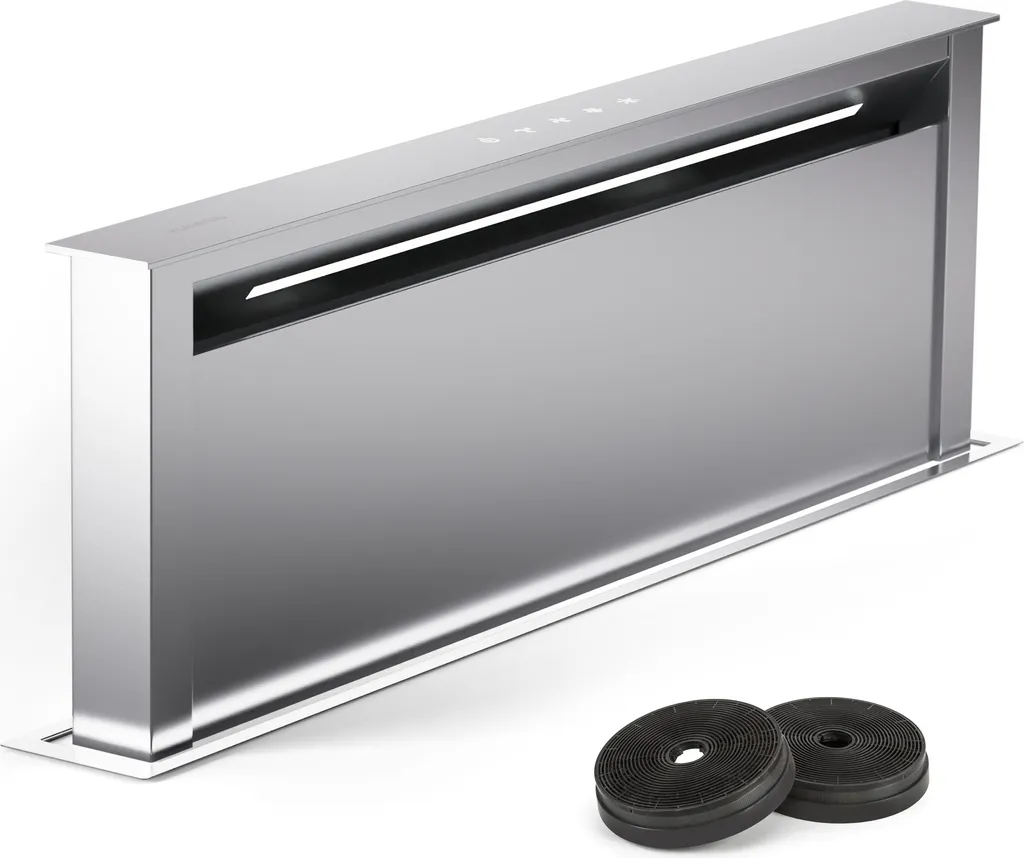 Klarstein Downdraft Cooker Hood 90cm, Retractable Extractor Hood for the Kitchen, Slimline Recirculating Extractor Hood without Ducting, 576m³/h Airflow, LED Lighting & Touch Control Panel