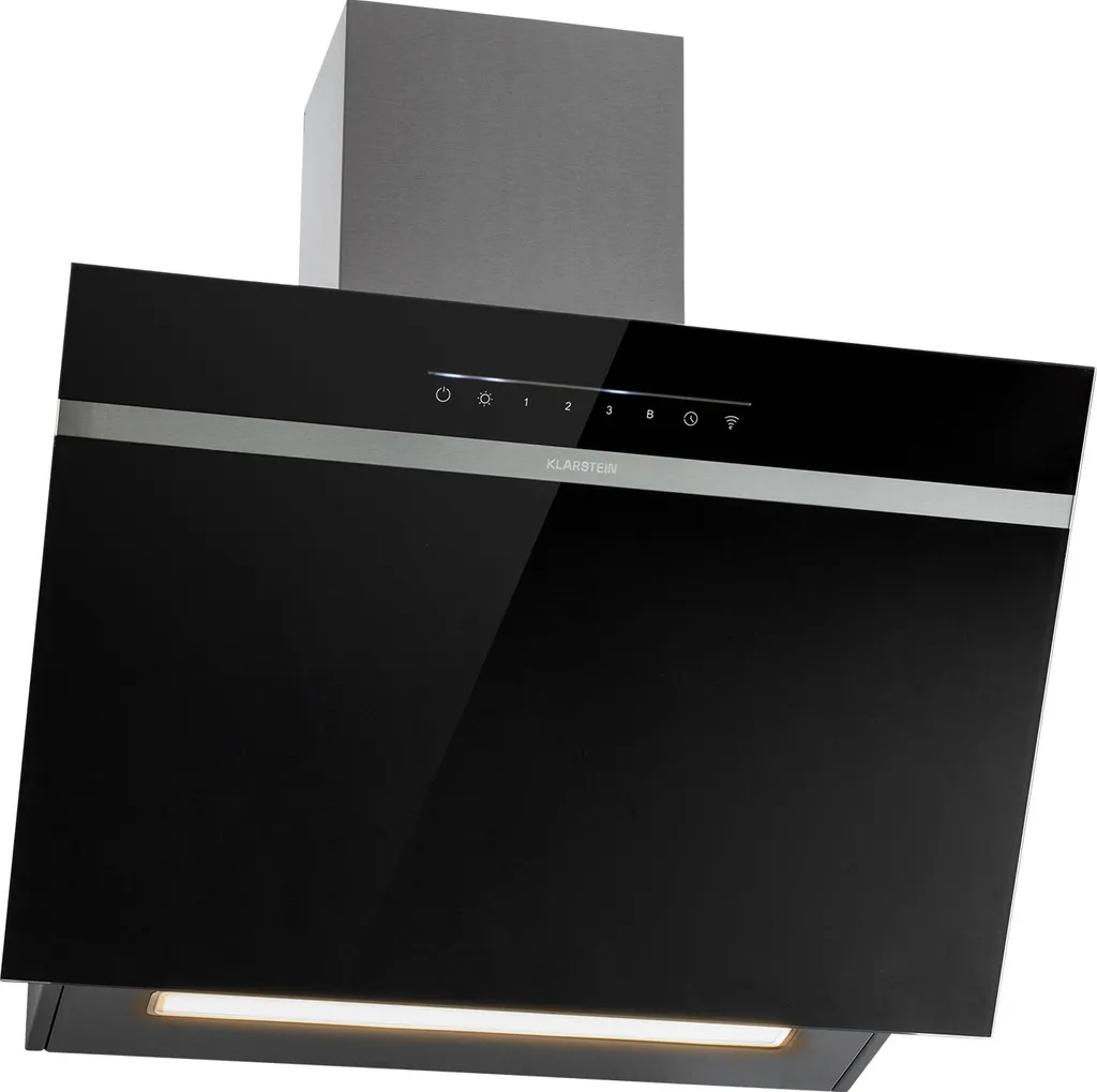 Klarstein 60cm Recirculating/Exhaust Range Hood, Black with Dishwasher-Safe Filter, Angled Extractor Hood with 514m³/h Airflow, 60cm Wall-Mounted Hood with Wi-Fi & LEDs