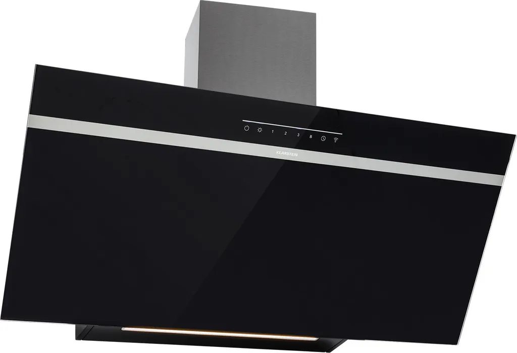 Klarstein 90cm Recirculating/Exhaust Range Hood, Black with Dishwasher-Safe Filter, Angled Extractor Hood with 514m³/h Airflow, 90cm Wide, Wall-Mounted Hood with Wi-Fi & LEDs