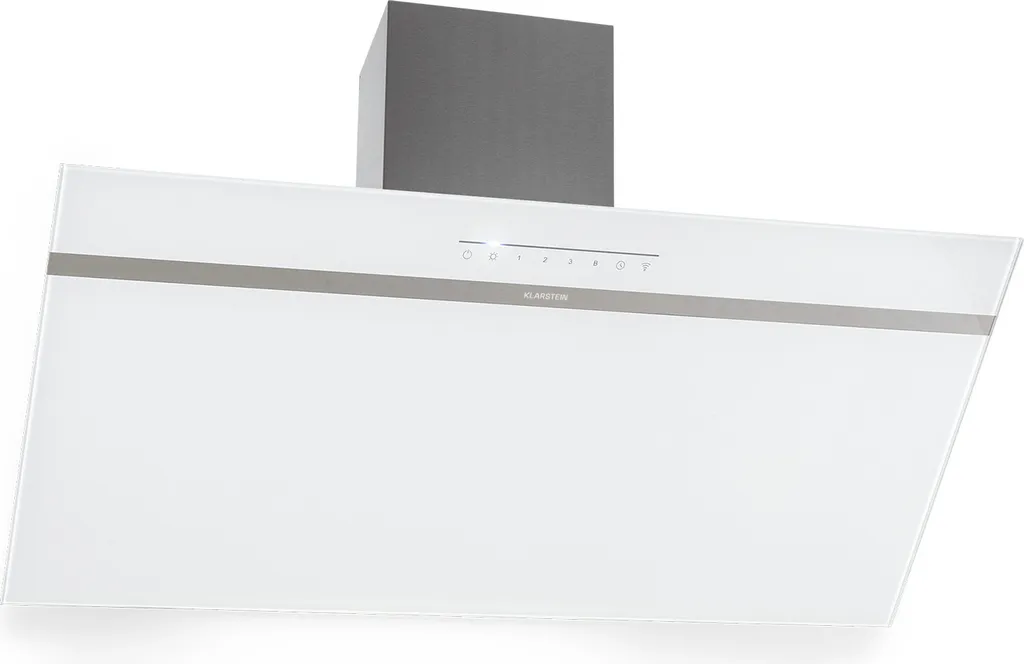 Klarstein 90cm Recirculating/Exhaust Range Hood, White with Dishwasher-Safe Filter, Angled Extractor Hood with 514m³/h Airflow, 90cm Wide, Wall-Mounted Hood with Wi-Fi & LEDs