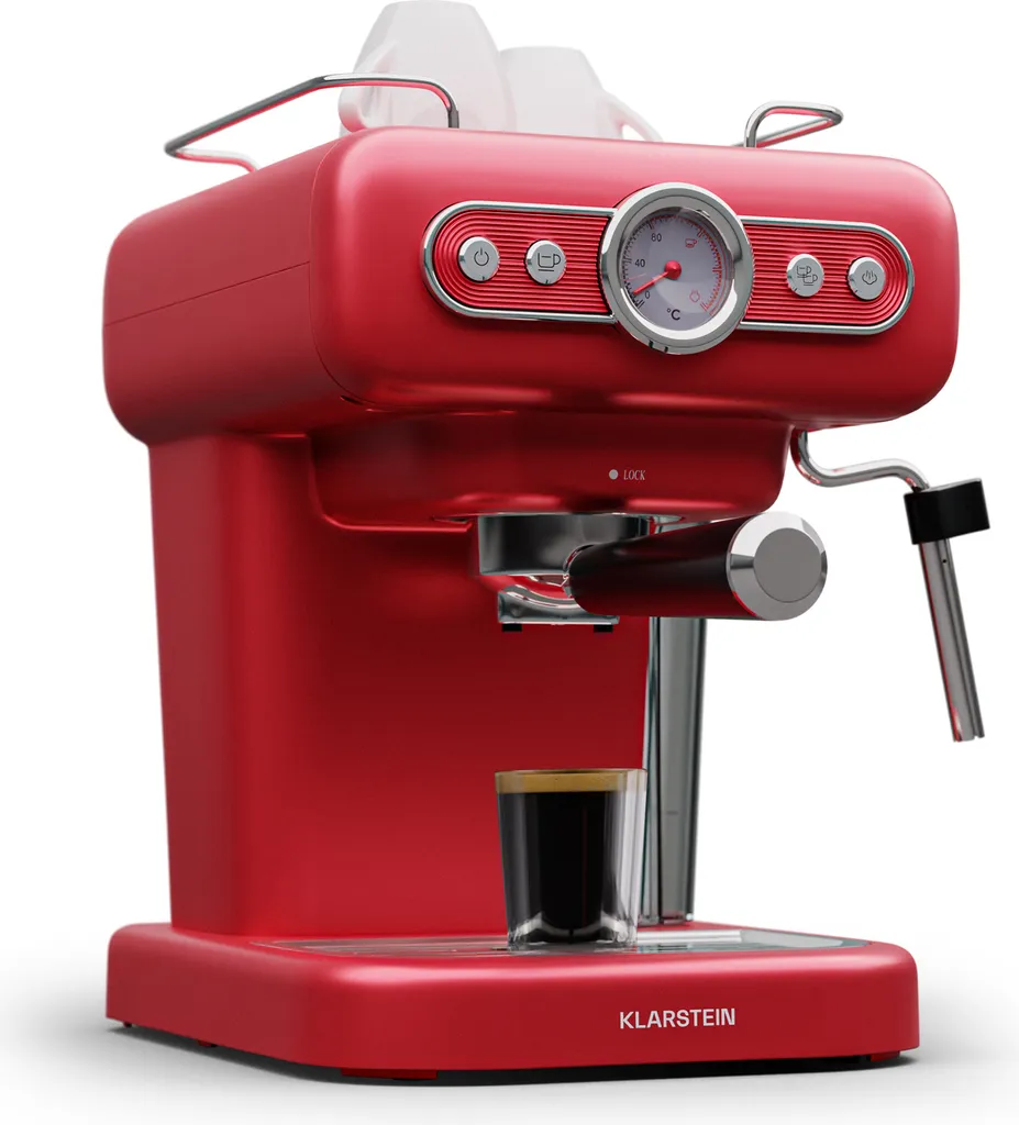 Klarstein Espresso Machine with Milk Frother, 1.2L Retro Mini Espresso Machine with Portafilter, 950W Small Coffee Machine, Stainless Steel Coffee Machine for Cappuccino, Latte & Macchiato