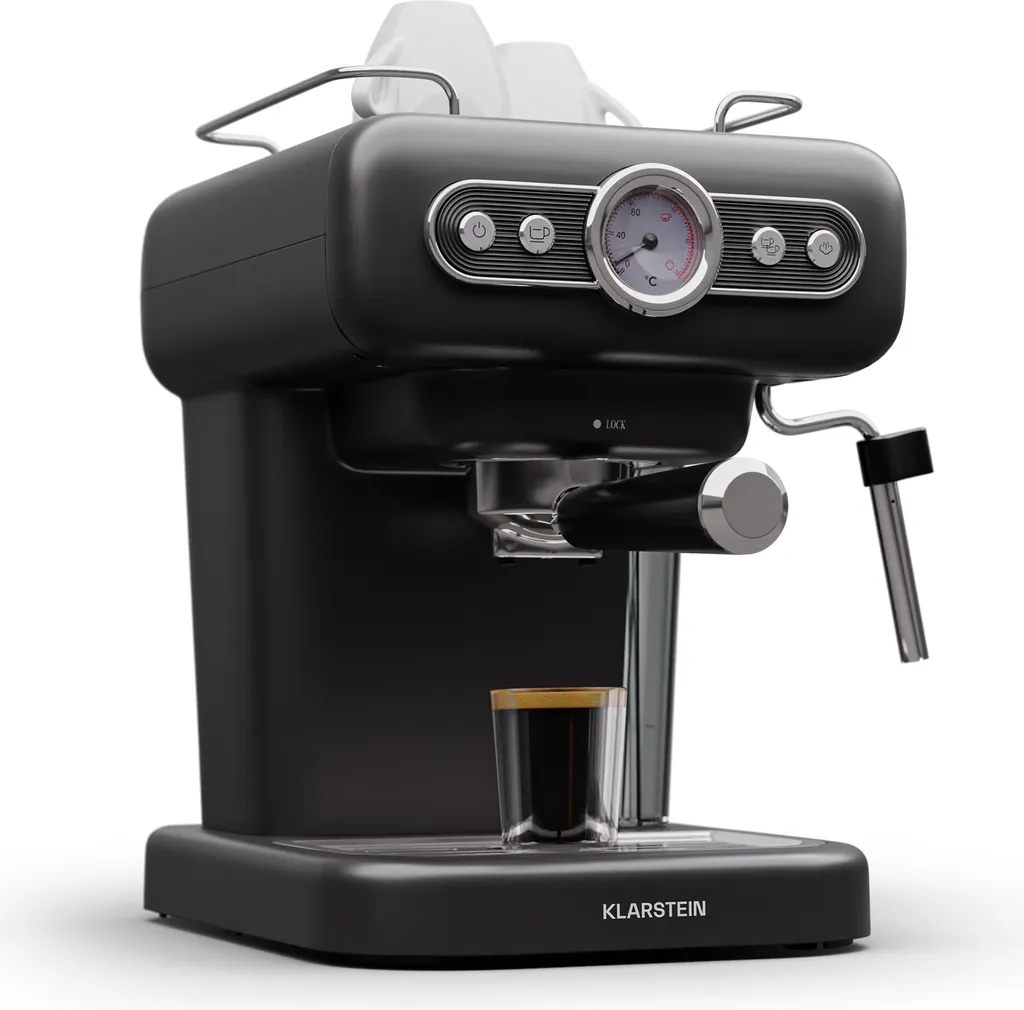 Klarstein Espresso Machine with Milk Frother, 1.2L Retro Mini Espresso Machine with Portafilter, 950W Small Coffee Machine, Stainless Steel Coffee Machine for Cappuccino, Latte & Macchiato