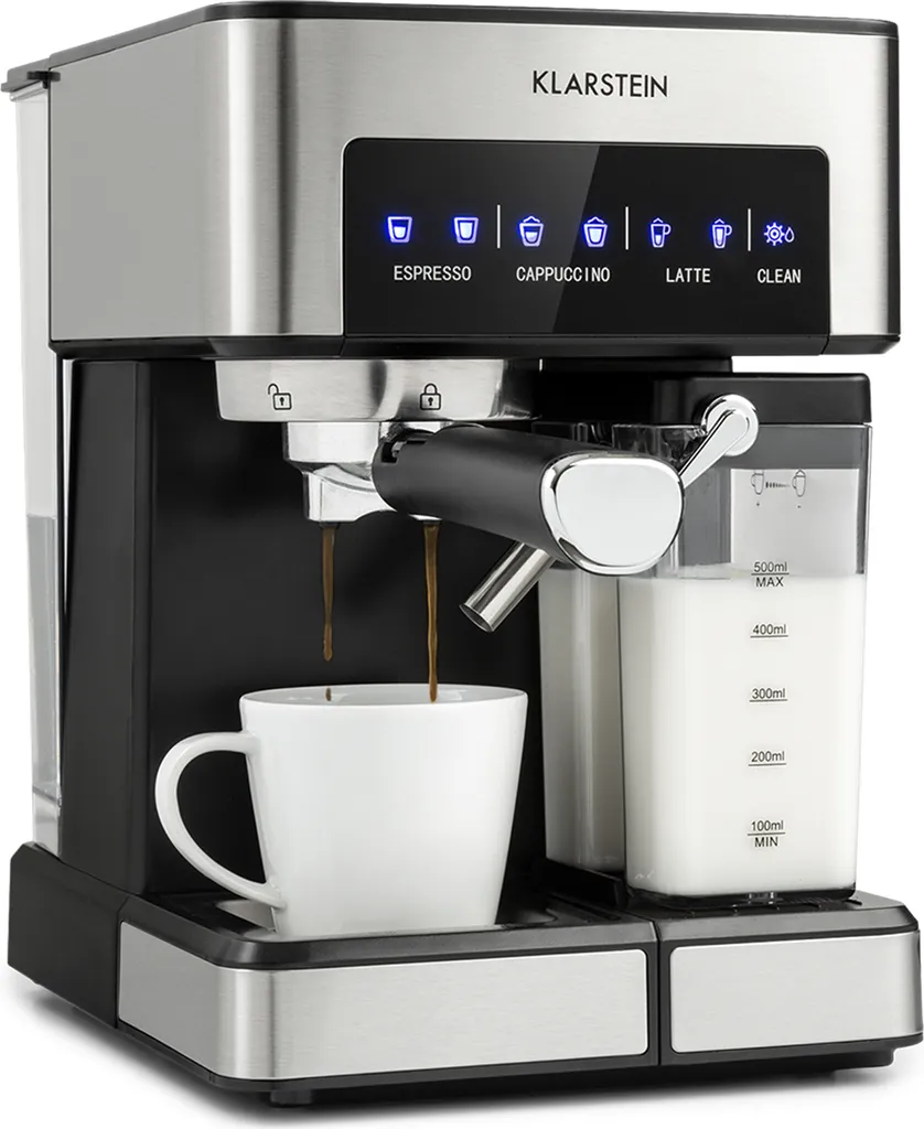 Klarstein Espresso Machine with Milk Frother, 1.8L Mini Espresso Machine with Portafilter, 20 Bar Stainless Steel Coffee Machine, Small, 0.5L Milk Tank, 1350W Coffee Machine for Ground Coffee