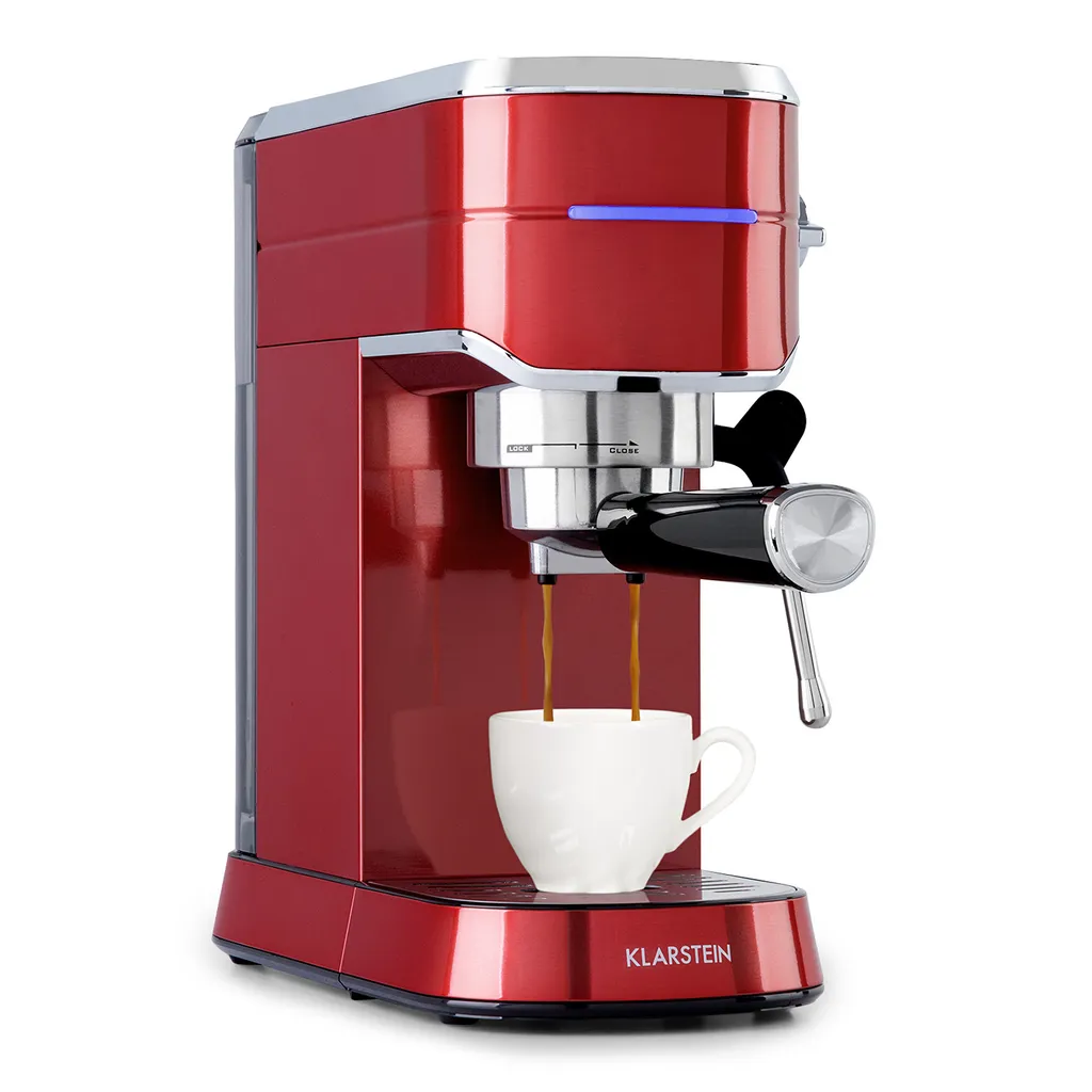 Klarstein Futura Espresso Machine, Portafilter Machine with 1450 Watts, 20 bar, Barista Quality, Double Spout, Flow Stop, Portafilter Coffee Machine, Milk Frothing Function, Red
