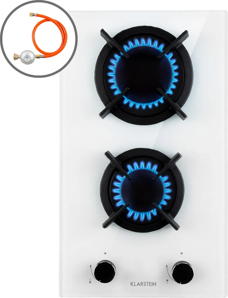 Klarstein Gas Stove, 2-Burner Gas Cooktop, Built-in Gas Cooker for Home & Motorhome, Camping Stove with Glass Plate, Gas Stove for Propane and Natural Gas, Stainless Steel Gas Cooktop with Wok Burner, 4200 Watts