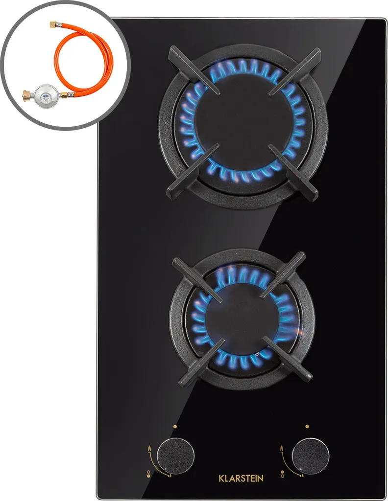 Klarstein Gas Stove, 2-Burner Gas Cooktop, Built-in Gas Cooker for Home & Motorhome, Camping Stove with Glass Plate, Gas Stove for Propane and Natural Gas, Stainless Steel Gas Cooktop with Wok Burner, 4200 Watts